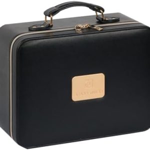 Black Portable Makeup Case with LED Mirror, Jewelry Organizer, 5000mAh Battery, Waterproof, Durable