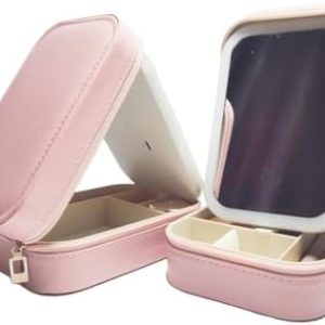 Pink Portable Travel Makeup Bag Organizer with LED Mirror for Girls and Ladies