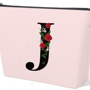 Initial Letter J Makeup Bag for Women Girl, A-Z Personalized Makeup Bag Pink Monogram Cosmetic Bag, Custom Graduation Nurse Week Gift Birthday Bridesmaid Makeup Bag for Bridesmaids