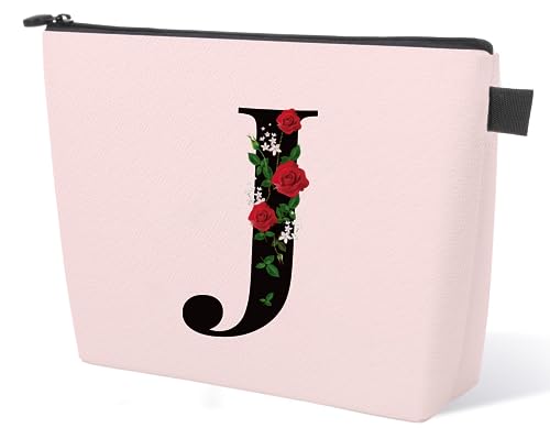 Initial Letter J Makeup Bag for Women Girl, A-Z Personalized Makeup Bag Pink Monogram Cosmetic Bag, Custom Graduation Nurse Week Gift Birthday Bridesmaid Makeup Bag for Bridesmaids