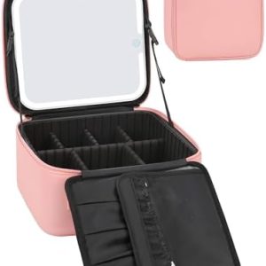 Relavel Pink Makeup Bag with Light-Up Mirror and 3 Color Lights, Travel Organizer