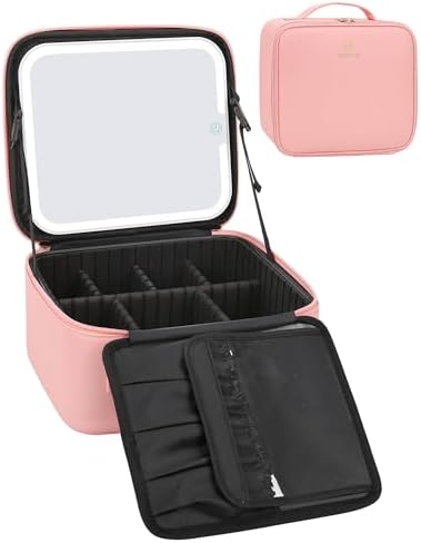 Relavel Pink Makeup Bag with Light-Up Mirror and 3 Color Lights, Travel Organizer