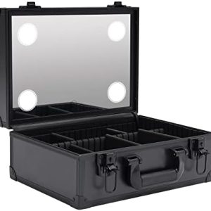 Makeup Train Case, Cosmetic Organizer Box w/Lights & Mirror, Handheld & Portable Black Makeup Case, Makeup Artist Organizer Kit (Mini)