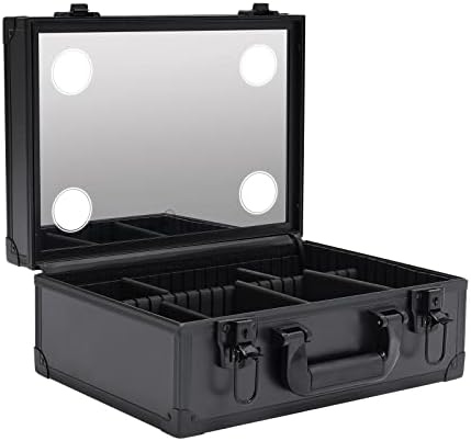 Makeup Train Case, Cosmetic Organizer Box w/Lights & Mirror, Handheld & Portable Black Makeup Case, Makeup Artist Organizer Kit (Mini)