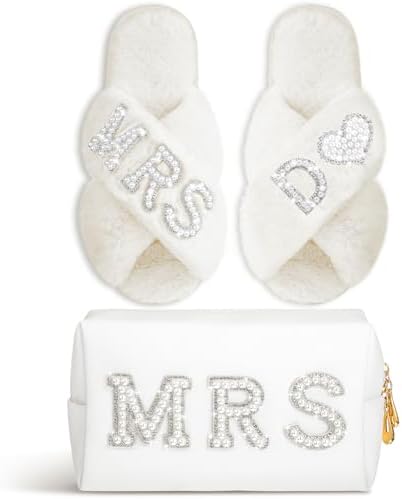 Personalized Pearl Letter MRS Bride Slippers and Makeup Bag Wedding Set