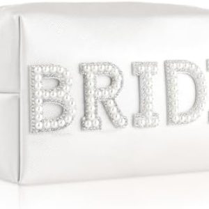 White Pearl Rhinestone Bride Letter Makeup Bag PU Leather Toiletry Pouch 10x6 Inches