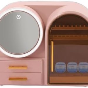 Pink LED Makeup Box with Mirror, Dust-Proof Jewelry Organizer and Storage Case for Women