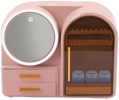 Pink LED Makeup Box with Mirror, Dust-Proof Jewelry Organizer and Storage Case for Women