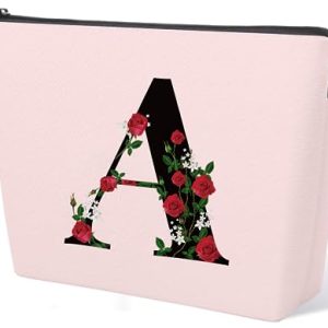 Initial Letter A Makeup Bag for Women Girl, A-Z Personalized Makeup Bag Pink Monogram Cosmetic Bag, Custom Graduation Nurse Week Gift Birthday Bridesmaid Makeup Bag for Bridesmaids