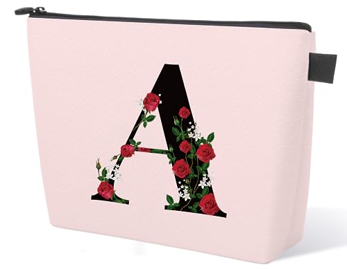 Initial Letter A Makeup Bag for Women Girl, A-Z Personalized Makeup Bag Pink Monogram Cosmetic Bag, Custom Graduation Nurse Week Gift Birthday Bridesmaid Makeup Bag for Bridesmaids