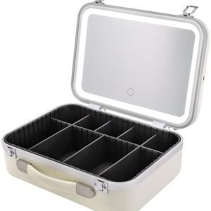 Makeup Train Case with 3 Color LED Light and Mirror, Make up Case Travel Cosmetic Organizer Box, Adjustable Brightness Large Makeup Artist Organizer Kit with Customized Dividers
