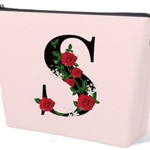 Initial Letter S Makeup Bag for Women Girl, A-Z Personalized Makeup Bag Pink Monogram Cosmetic Bag, Custom Graduation Nurse Week Gift Birthday Bridesmaid Makeup Bag for Bridesmaids