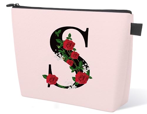 Initial Letter S Makeup Bag for Women Girl, A-Z Personalized Makeup Bag Pink Monogram Cosmetic Bag, Custom Graduation Nurse Week Gift Birthday Bridesmaid Makeup Bag for Bridesmaids