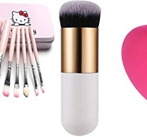 Complete Makeup Mini Brush Kit with Storage Box & Sponge Puff & Foundation/blush Brush (Set of 9 Pieces Sponge Puff Color May Vary) (Pink)