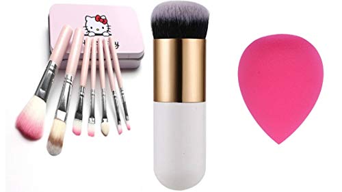 Complete Makeup Mini Brush Kit with Storage Box & Sponge Puff & Foundation/blush Brush (Set of 9 Pieces Sponge Puff Color May Vary) (Pink)