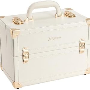 Joligrace Beige Vegan Leather Large Portable Makeup Train Case Organizer with 4 Tray Compartments