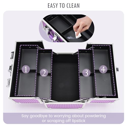 Frenessa Purple Portable Makeup Train Case Organizer with 4 Trays and Lockable Dividers - Image 7