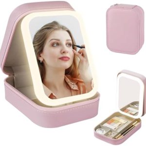 TIGARI Travel Makeup Jewelry Case with LED Mirror, Small Makeup Bag with Lighted Mirror, Three-Color Adjustable Makeup Mirror Storage Box, Portable Organizer Vanity Case for Women Beauty Tools