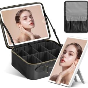 JUSRON Portable LED Lighted Travel Makeup Bag with Mirror 3 Color Settings