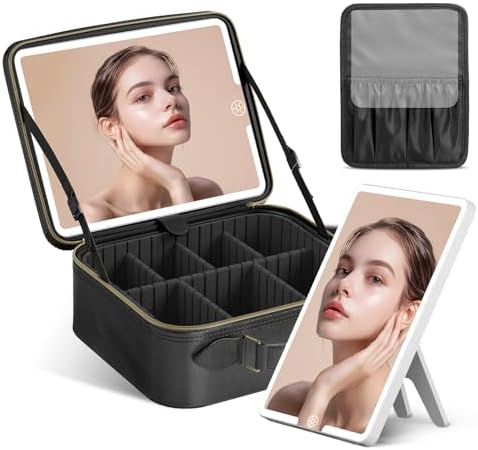 JUSRON Portable LED Lighted Travel Makeup Bag with Mirror 3 Color Settings