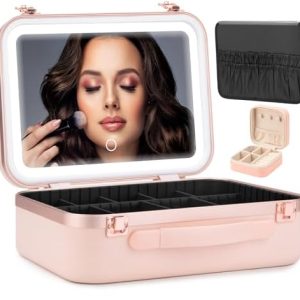 S&N Remille Pink Travel Makeup Case with LED Mirror, Waterproof, Adjustable Dividers, Medium