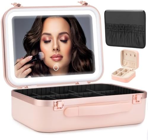 S&N Remille Pink Travel Makeup Case with LED Mirror, Waterproof, Adjustable Dividers, Medium