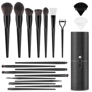 LUXBRU 20-Piece Professional Makeup Brush Set with Black Travel Case and 2 Powder Puffs