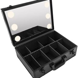 Portable Black Makeup Train Case with Integrated Mirror and LED Lights Large Capacity