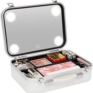 Large Professional Makeup Train Case with Built-in Mirror and Lights, Cosmetic Organizer with Dividers