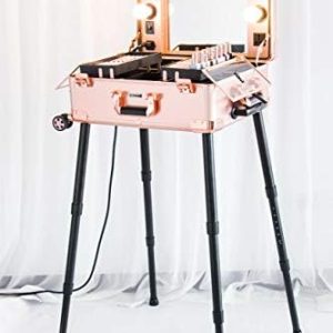 Kemier Portable Makeup Case Rose Gold 20 Inch with Lighted Mirror and Adjustable Legs