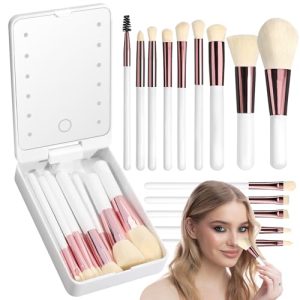 14-Piece Travel Makeup Brush Set with LED Mirror, Mini Brushes, White Gold Storage Box