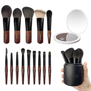 14 Piece Travel Makeup Brush Set with LED Compact Mirror and Case for Women