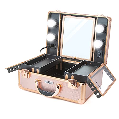 Kemier Rose Gold Large Makeup Train Case with Built-in Lights and Mirror