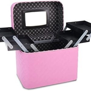 HighFree 4-Layer Pink Foldable Makeup Case with Mirror, Waterproof Portable Organizer Box