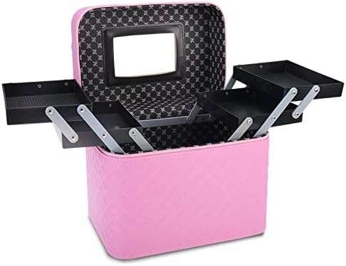 HighFree 4-Layer Pink Foldable Makeup Case with Mirror, Waterproof Portable Organizer Box