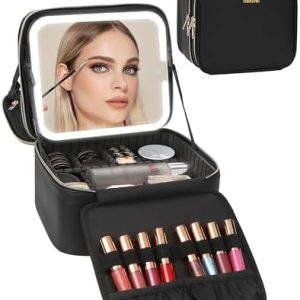 Relavel Black Leather Travel Makeup Bag with Built-in LED Mirror, Dual Layer Capacity for Women