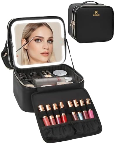 Relavel Black Leather Travel Makeup Bag with Built-in LED Mirror, Dual Layer Capacity for Women