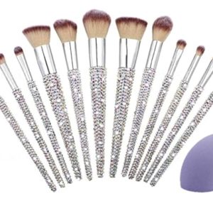 Diamond Crystal Rhinestone Makeup Brush Set W/Gift Box & Cosmetic Sponge Bedazzled Bling Glitter Brushes set 13PC