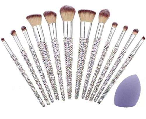 Diamond Crystal Rhinestone Makeup Brush Set W/Gift Box & Cosmetic Sponge Bedazzled Bling Glitter Brushes set 13PC