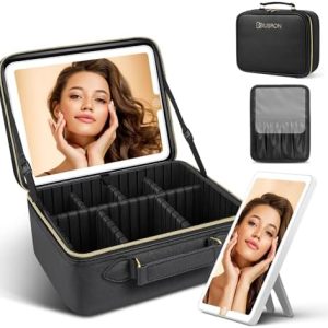 JUSRON Waterproof Travel Makeup Bag with Built-in Lighted Mirror, Adjustable Brightness, 3 Color Scenarios