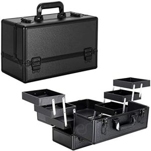 Black 6-Tier Lockable Makeup Organizer and Travel Kit Portable Aluminium Train Case