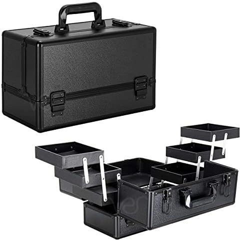 Black 6-Tier Lockable Makeup Organizer and Travel Kit Portable Aluminium Train Case