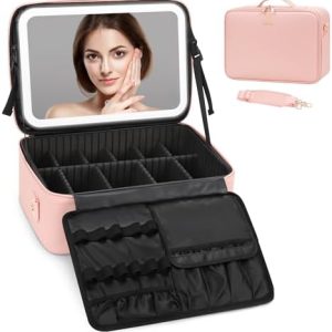 Twofold Large Pink Travel Makeup Bag with LED Mirror and Adjustable Dividers