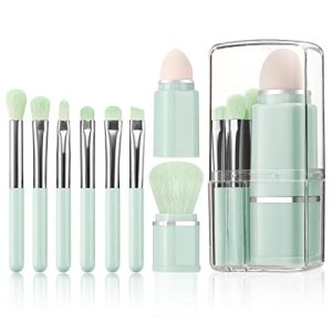 Travel Makeup Brushes Set with 8 in 1 Retractable Mini Powder Brush and Storage Box (Green)