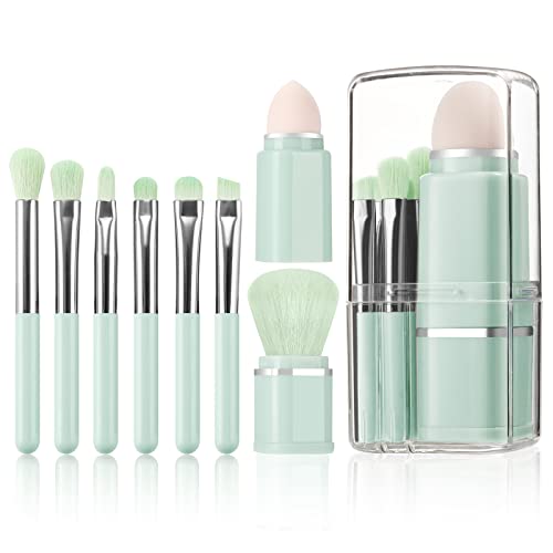 Travel Makeup Brushes Set with 8 in 1 Retractable Mini Powder Brush and Storage Box (Green)
