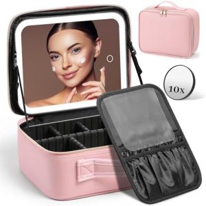 Travel Makeup Bag with LED Mirror for Women - Lighted Cosmetic Organizer with Adjustable Dividers and 10X Magnifying Mirror