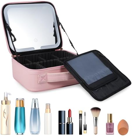 Travel Makeup Bag with Adjustable LED Lighted Mirror 3 Color Brightness Settings Waterproof Cosmetic Train Case with Adjustable Dividers Portable Cosmetic Case,Pink