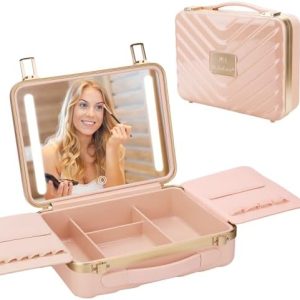 Kalolary Pink Portable Makeup Train Case with Lighted Mirror and Adjustable Brightness 10 x 8 x 5 Inches