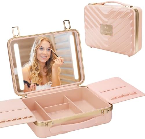 Kalolary Pink Portable Makeup Train Case with Lighted Mirror and Adjustable Brightness 10 x 8 x 5 Inches