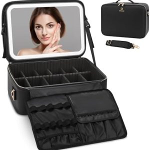 Large Black Makeup Travel Case 15.35" with LED Mirror and Adjustable Dividers